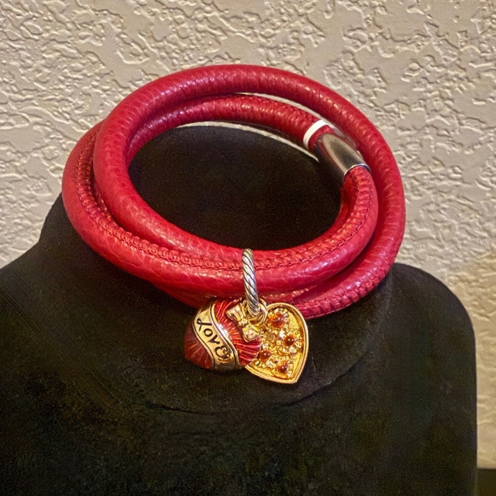 Brighton Triple Woodstock Red Leather Bracelet with Love Charm NWT